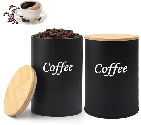 YOYEAH Juego de 2 Latas de Café Herméticas 500ml, Contenedor de Granos de Café 1kg con Tapa de Bambú, Almacenamiento al Vacío para Café Molido, Cápsulas y Té de Cocina (Negro)