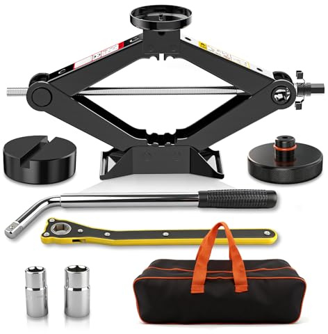 kefflum Cric per Auto Ispessito 1.5T, Kit Completo Include Chiave a Cricchetto Leva Telescopica per Pneumatici e 2 Cuscinetti in Gomma, Crick Auto per Cambio Gomme di Emergenza Portatile per SUV