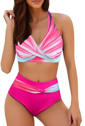 Dam 2-delad bikini hög midja push up platt mage sexig chic bantning vadderad blommig strand A8