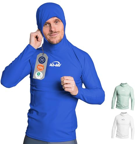 iQ-UV Shirt für Herren Kapuzenshirt Langarm Dark-Blue L – Rashguard für Herren mit UPF 50+ Sonnenschutz für Aktiv- und Wassersport – Schwimmshirt für Männer – Atmungsaktiv und schnelltrocknend