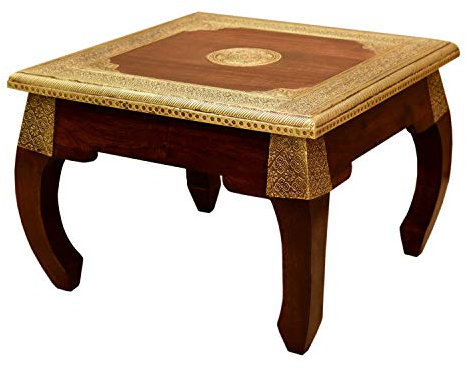 Casa Moro Orientalischer Opiumtisch mittel 46x46 cm Höhe 34 cm aus massivholz sheesham mit Messing verziert | Vintage Beistelltisch | Kunsthandwek | Couchtisch Sofatisch | MA5200