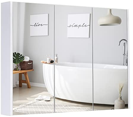 GLACER Large Mirrored Medicine Cabinet, Bathroom Wall Mounted Storage Cabinet with Triple Mirrored Doors, Ideal for Bathroom, Living Room, 36 x 4.5 x 25.5 inches (White)