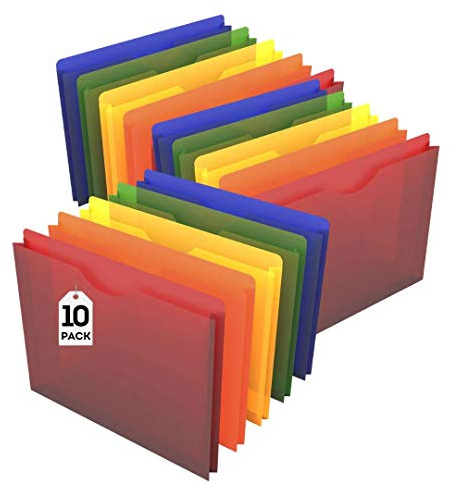 1InTheOffice Expandable Plastic File Folders, Pockets, Letter Size, Moisture Resistant, 1 Jacket, Assorted Colors, 10/Pack