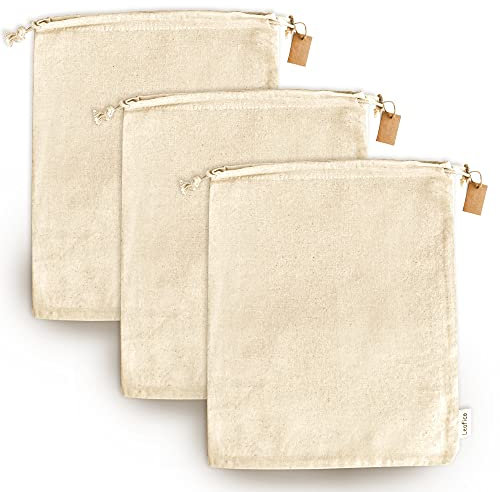 Sacchi in Cotone Riutilizzabili XXL 48x59 cm per Biancheria, Patate, Cipolle, Spesa, Lavanderia – Contenitori Grandi Multiuso per Armadio e Organizer, Lavabili e Naturali – Confezione da 3 Pezzi