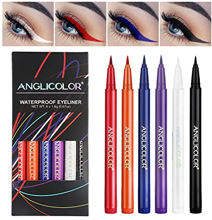 Anglicolor Eyeliner coloré 6 couleurs, Jeu d'eye liner liquide mat, stylo eyeliner néon imperméable longue durée, très pigmenté, anti-bavure, traceurs colorés pour mariage et fête (6 couleurs)