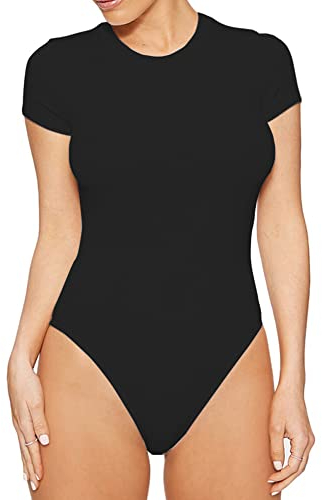 QKEPCY Body Damen Kurzarm Bodysuit Rundhals Slim Fit Bodys Elegant Basic Oberteil Shapewear Tanga Unterziehbody Kurzarmbody für Alltag Büro Party