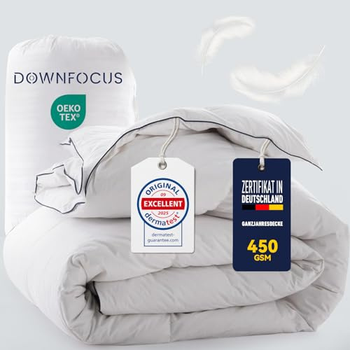 DOWNFOCUS Edredón de plumas y plumón de 200 x 200 cm, certificado Oeko-Tex, hecho de plumas suaves y plumón, edredón de plumas para alérgicos, certificado RDS para todo el año