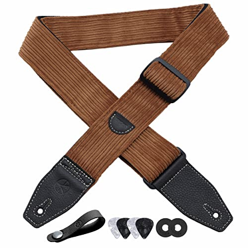 YIKOKO Sangle de guitare en velours côtelé de 5,1 cm avec extrémité en cuir pleine fleur, pour guitares basses, électriques et acoustiques, bouton de sangle, 2 verrous de sangle et 4 médiators
