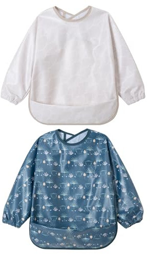 Little Dimsum Lätzchen Baby Lätzchen mit Ärmeln, Lätzchen Wasserdicht Abwaschbar Ärmellätzchen, Baby Bibs Set für Kleinkinder mit Großer Tasche (6-36 Monate) - 2er-Pack (Leaf)