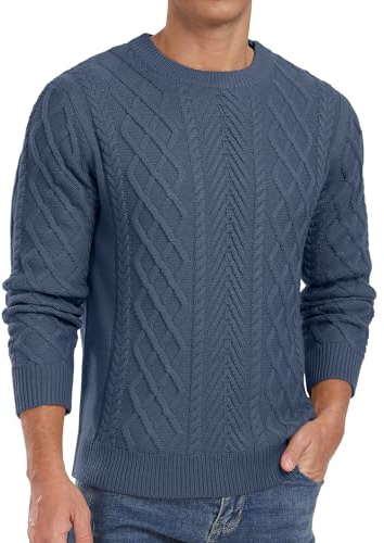 QIXING Jersey para hombre con patrón de trenza, cuello redondo, manga larga, jersey de punto grueso, patrón de pescador, estructurado, suave, tejido, jersey informal, L