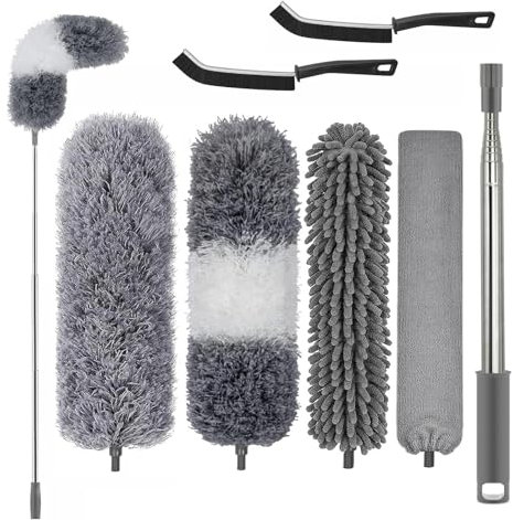 Feather Duster,7 PCS Extendable Bendable Washable Cobweb Brush with Extension Pole Up to 100'', Long Feather Duster for Cleaning Ceiling Fan,High Ceiling,Furniture (Grey)