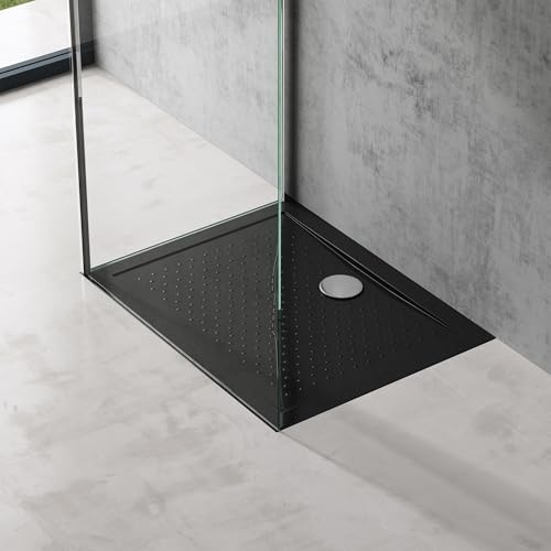 doporro Plato de Ducha Rectangular Antideslizante 70x90x4 cm – Acrílico Negro, Conexiones DIN, Instalación a Ras de Suelo – Lucia02