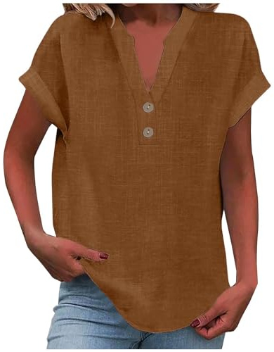 KOG Damen Tshirt Lässig Leinenshirt Kleidung Casual Kurzarm Tee T-Shirt Teenager Mädchen Hemd Freizeit Bekleidung Rundhals Oversized Kaffee S