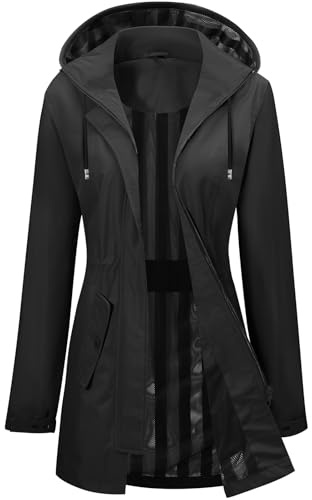 CMTOP Impermeabile Donna Antipioggia Giacca a Vento Leggero Traspirante Cappotto di Pioggia, Antivento Mantella Antipioggia Trench Raincoat con Cappuccio con Coulisse All'aperto(Nero,M)