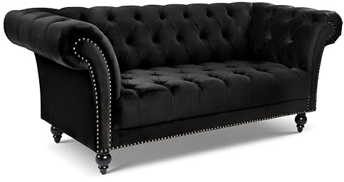 Bravich Chesterfield Velvet Sofa, Black 3 Seater Sofa for Living Room Furniture, Classic Button Back Settee with Rolled Arms, Solid Wood Frame, 195cm x 58cm x 82cm | Velvet 3 Seater