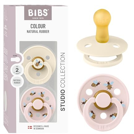 BIBS Colour Studio Soother 2-Pack, BPA Free Dummy Pacifier, Round Nipple. Natural Rubber Latex, Made in Denmark, Size 2 (6-18 Months), Ivory/Petal