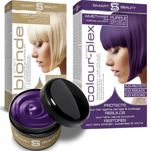 Starter Bundle Pack - Bleach Kit & Amethyst Purple Hair Dye & Refresher - Smart Beauty Hair Lightener, Permanent Hair Colour with Maintenance Colour Booster