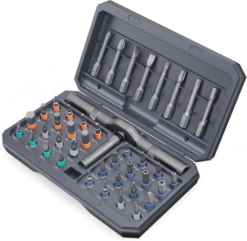 OQIMAX 42 in 1 Magnetic Screwdriver Set, DIY Ratchet Screwdriver Set with Storage Case, Multi Ratchet Screwdriver Kit with Detachable Handle, Portable Repair Set for Furniture Computer Bicycle (Grey)