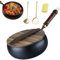 HItianya Japanese Iron Pan, 24/28cm Uncoated Iron Pans, Sartén de Hierro Antiadherente Forjada a Mano, sin Revestimiento, Sartén Grande con Tapa de Madera, para Cocinas (Tapa de madera, 24cm)