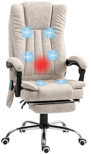 Vinsetto Fauteuil de Bureau massant et Chauffant, Chaise de Bureau Ergonomique avec Dossier inclinable, Hauteur réglable, Repose-Pied et télécommande Filaire, pivotant à 360°, crème