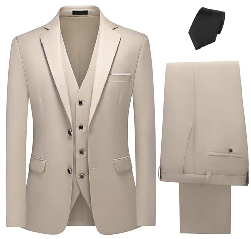 KUDMOL Costume Homme 3 Pièces Mariage Business Slim Fit Smoking à Deux Boutons de Couleur Uni à la Mode Blazer Veste et Pantalon Gilet avec Cravate(Champagne,M)
