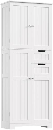 HOCSOK Badezimmerschrank Hoch, Badschrank Hochschrank mit 4 Türen und 2 Schubladen, Küchenschrank Hoch für Wohnzimmer Küche Esszimmer Büro, 164.5X 60x30cm, Weiß