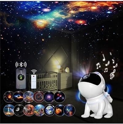 Proyector de Galaxias y Estrellas Real Planetario con 12 Discos, 15 Ruido Blanco, Bluetooth, Mando a Distancia, Temporizador, Meteorito Dinámico, Luz Nocturna para Techo, Dormitorio (Galaxia)