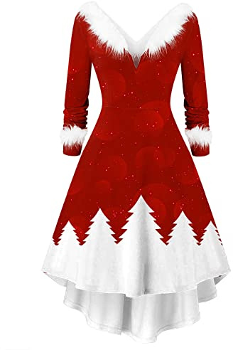 PINTUTU Robe Femme de Noël Sapins et Fourrure, Rouge et Blanc, Élégante et Festive avec Détails de Fourrure pour Réveillons, Soirées et Fêtes de Vacances