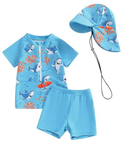 JiAmy Traje de Baño para Bebé Niño con Sombrero Solar 3PCS Camiseta de Protección con Cremallera de Manga Corta Traje de Natación para Bebé Lactante, azul, 18 meses