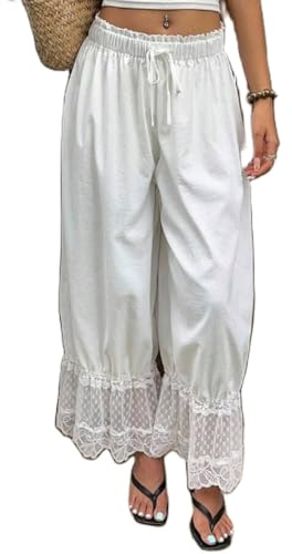 Nsywmzy Womens Wide Leg Pants Woman Y2K Lace Trim Hem Long Bloomers Drawstring Drawstring Mid Rise Lightweight Casual Loose Trousers