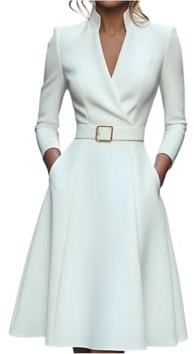Blazer Dress for Women, Refined Belted Sheath Office Business Dress, Retro Mandarin Collar Long Sleeve Elegant V Neck Dresses (White,XXL)