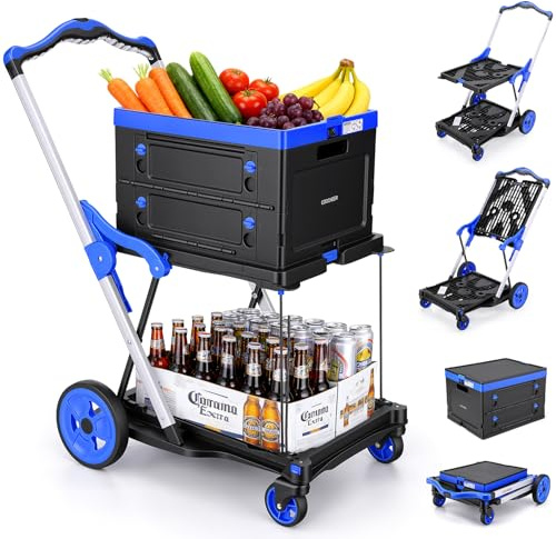 COOCHEER Chariot de Courses Pliable - Capacité 90kg, Design 2 Étages avec Panier Pliable, Pliage Express 3 Secondes, Poignée Réglable - pour Supermarché, Maison, Bureau & Camping