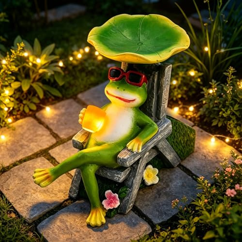 OUTONLIFE Estatua de Rana Solar de Jardín con LED, Figura de Resina Impermeable Estilo Hada con Flor, Decoración Exterior para Patio, Jardín, Césped y Balcón, Regalo para Mamá, Abuela y Mujeres