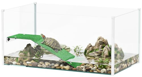 PawHut Acuario para Tortugas, Terrario de Tortugas con Plataforma y Rampa con Superficie de Césped Artificial, Vista Panorámica 360°, para Peces Pequeños, Camarones, 60x35x28 cm, Blanco