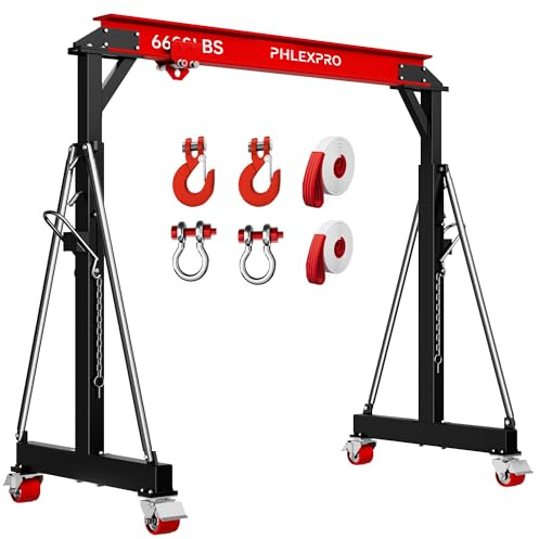 Adjustable Gantry Crane 3 Ton with Manual Trolley, 6600 LBS Capacity, Portable Gantry Crane Height Adjustable 8.53-12.47ft, for Factory, Warehouse, Auto Repair & Construction, Red