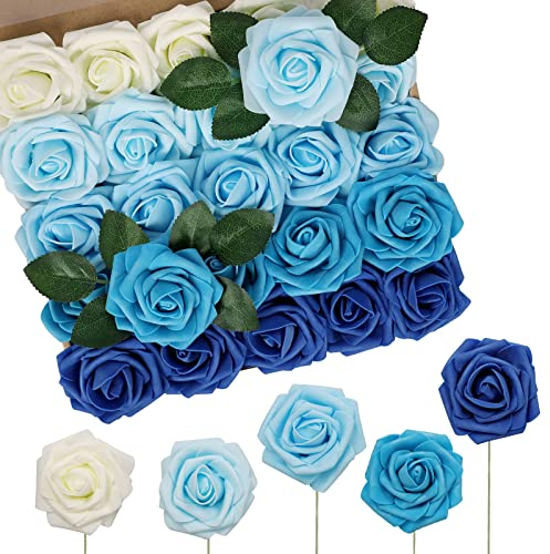 N&T NIETING Rose artificiali, 50 pezzi, fiori di rosa reale touch, con steli, per bouquet di nozze, doccia nuziale, decorazione per la casa, colore blu sfumato