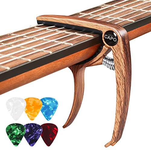 Kapodaster für Gitarre Capo Gitarren mit 6 Plektren, Capodasta Gitarre für Ukulele Westerngitarre E-Gitarre, Metall Holz