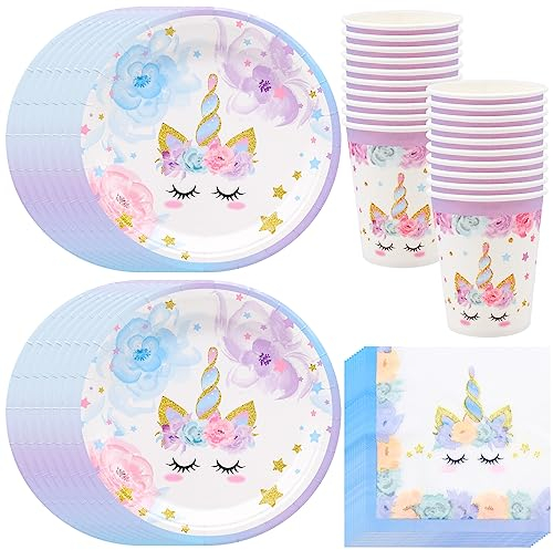 48 Stück Einhorn Party Set, 16 Gäste Einhorns Geburtstag Geschirr Kit Einhorn Partyzubehör Geburtstagsdeko Set für Kinder Geburtstagsparty Baby Shower Hochzeit (Unicorn)