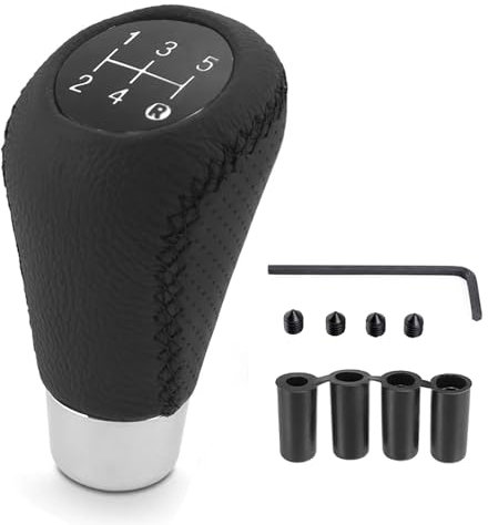 Juttzzei Car Gear Shift Knob, Universal 5 Speed Gear Knob, Manual Gear Stick Knob, Leather Gear Stick Shift Cover with 4 Adapters 8mm 10mm 11mm 12mm for Manual Automotive Vehicles - Black Stitching