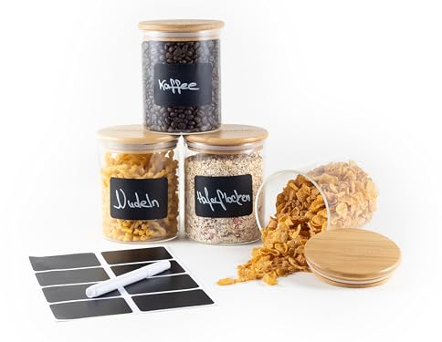 Hanseküche Boîtes à provisions en verre avec couvercle - 4 x 750ml - Set de bocaux à provisions étanche à l'air, bocaux de conservation cuisine en bambou grand, bocal à provisions, récipient en verre