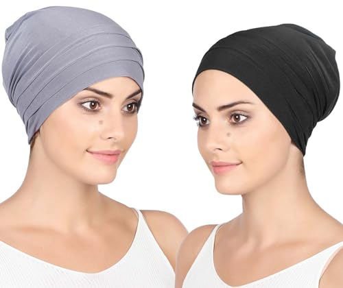 Wisebom 2 Stücke Chemo Mütze Damen, Dünne Beanie Mütze Grau Schwarz, Chemo Hut Weich Leicht, Schlafmütze Haarausfall für Frauen Damen