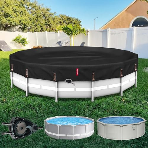QH.HOME 18 Ft Round Winter Pool Covers for Above Ground Pools - [634N Strong Tear Resistant & 500D Upgrade Extra Dense Fabric] Solar Swimming Pool Cover with Fade Resistant, Windproof - Black