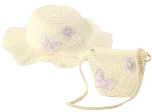 Stråhatt och väska set, strand stråhatt för barn, solhatt och väska för flickor, med fjärilsdekoration för utomhusbruk, solskydd, tillbehör (gräddfärg), Gräddvit, S