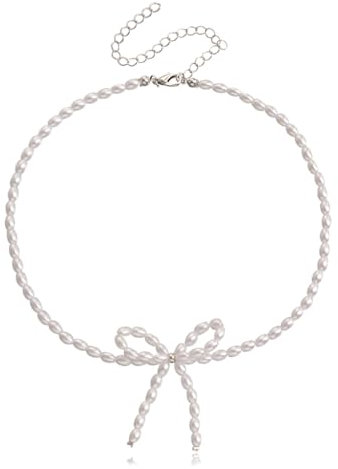 Avejjbaey Elegante Perlenkette mit Schleifen-Anhänger, Halskette, modischer Perlen-Halsschmuck