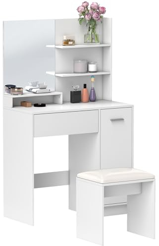 HOMCOM Sminkbordsset med spegel och pall, låda, förvaringsskåp och justerbar hylla för sovrummet, 80 l x 40 x 132 H cm, vit