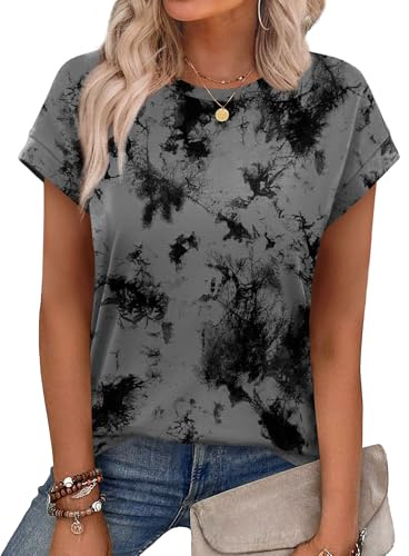 Aokosor Womens Summer Tops Floral Printed Short Capsleeve Shirts Crew Neck Casual Short Sleeve Grey Dyeing Tops Plus Size 22-24 for UK