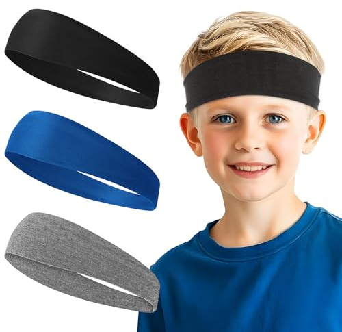 3 PCS Soccer Headbands for Boys, Soft Breathable Baseball Headbands, Cooling Headband, Football Headband for Running Tennis Basketball (Black Blue Gray)