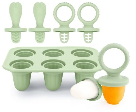 Alihoo Stampo per ghiaccio in silicone, per neonati e bambini piccoli, 6 stampi per ghiaccio con bastoncini di plastica, mini stampo per gelato, set di stampi per popsicle (verde)