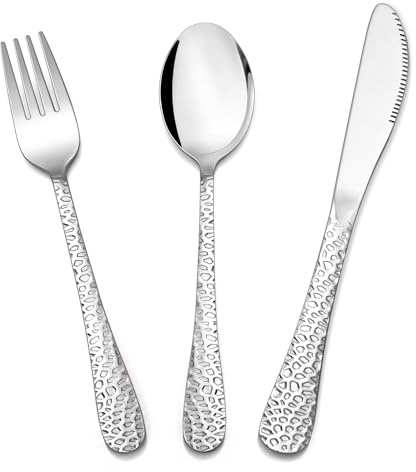Herogo Childrens Cutlery Set, 18 Pieces Stainless Steel Kids Cutlery Set, Mirror Polished Children Toddler Flatware Set Include Spoons, Forks, Knives, Hammered Handle & Smooth Edge, Dishwasher Safe