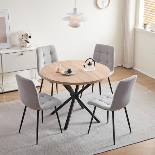 GrandCA HOME Conjunto de Mesa y Sillas de Comedor, 4 Sillas de Pana y una Mesa de Comedor Redonda Moderna de 100 cm, Adecuada para Cocinas, Comedores y Salas de Estar (Claro + Gris Claro)